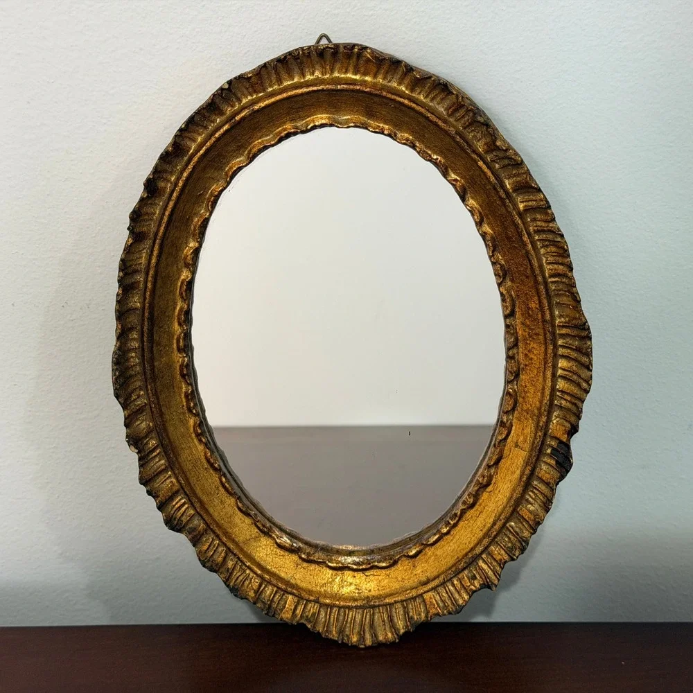 Vintage Italian Gold Gilt Oval Wall Mirror Hand Gilded Hollywood Regency Decor